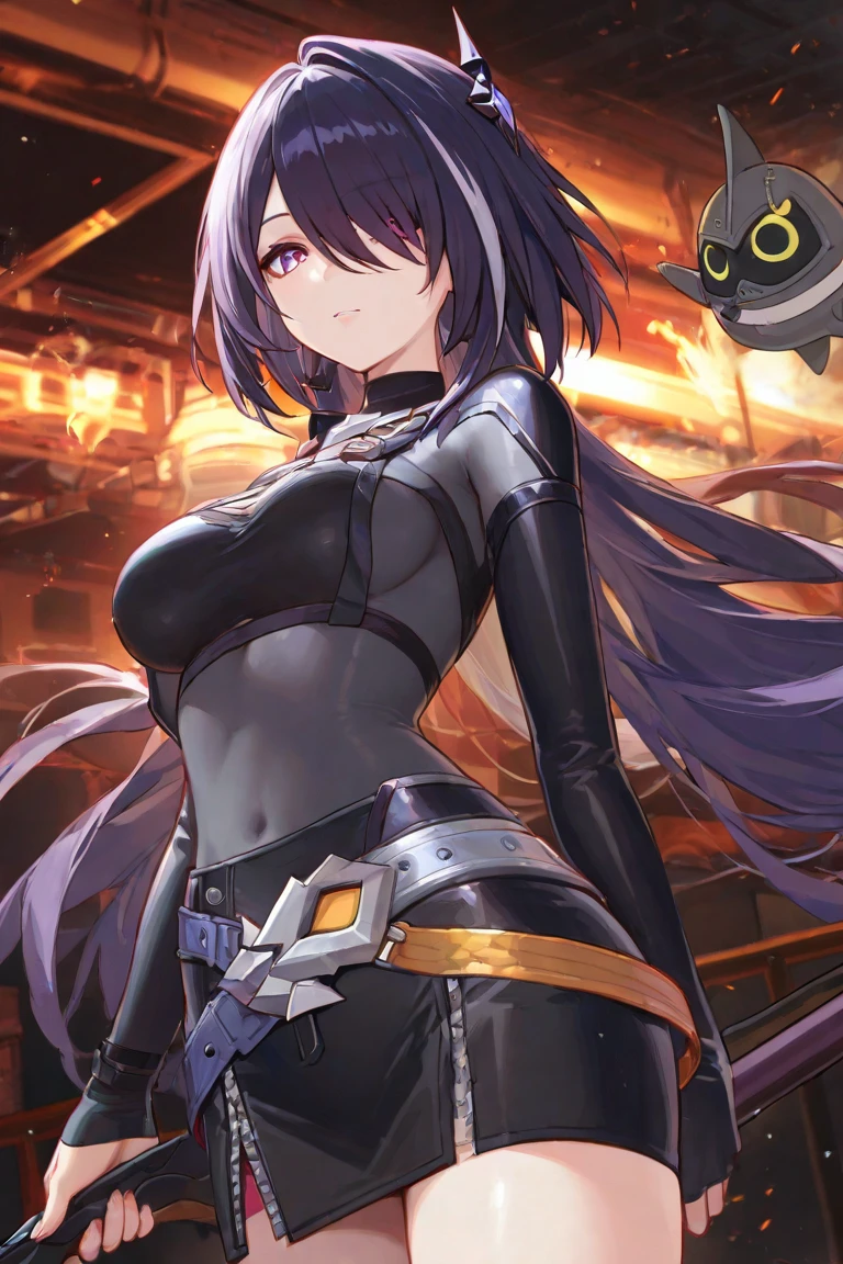 professional artwork, Intricate Details, field of view, sharp focus, detailed painting, photorealistic lighting, trending on pixiv, Standing at attention, black outfit ,yellow collared shirt,black and red bodysuit,skin_tight,black legwear, black pantyhose, Side_boob, black hair,very long hair, Bangs,yellow eyes,makeup, lipstick, 20yo,mature female,Beautiful Finger,Beautiful long legs,Beautiful body,Beautiful Nose,Beautiful character design, perfect eyes, perfect face, looking at viewer,official art,extremely detailed CG unreal engine 8k wallpaper, perfect lighting,Colorful, Bright_Front_face_Lighting, (masterpiece:1.0),(best_quality:1.0), ultra high res,4K,ultra-detailed, photography, 8K, HDR, highres, absurdres:1.2, Kodak portra 400, film grain, blurry background, (Beautiful,large_Breasts:1.4), (beautiful_face:1.5),(narrow_waist), (solo:1.4), ((landscape dimension)), rich detailed makeup, rich detailed eyeshadow, rich detailed lips, rich detailed lipstick