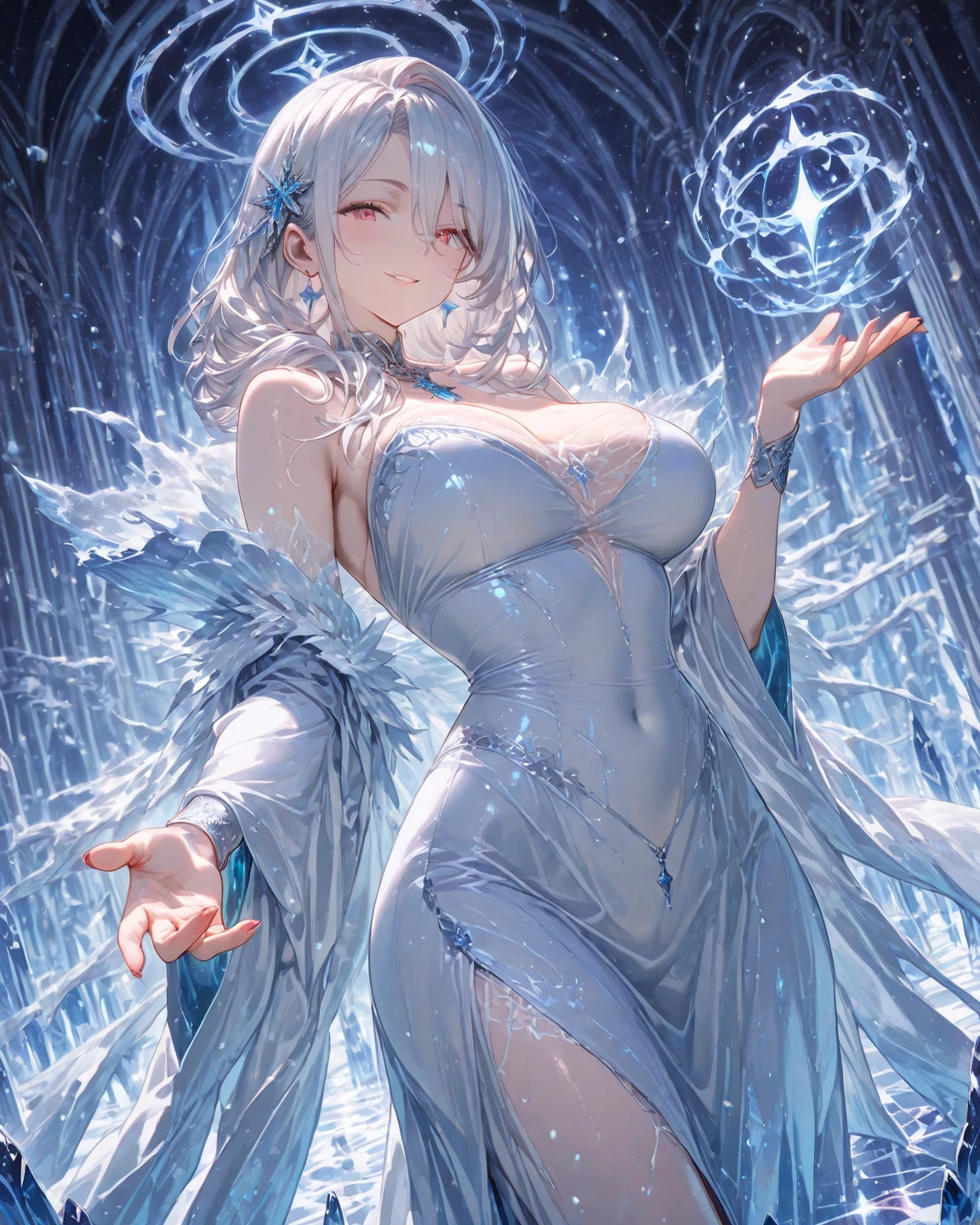 (best quality, masterpiece), A girl, Upper Body, Looking at the audience, freeze, Elsa, White background、24-year-old female、Sexy proportions、Sexy、Willow Waist、scarf((Hair accessories))、light效果、glitter effects((light, spark, 8K))、Anatomically correct((Anatomically correct))、Ultra HD((Ultra HD))、Textured Skin((Textured Skin))、Very detailed((Super Detail))、High Detail((High Detail))