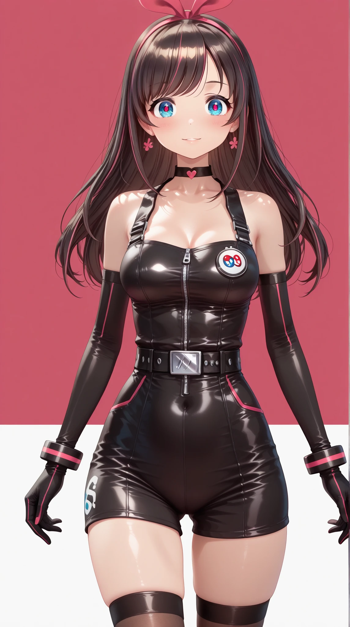Generate an illustration of a mature Roxanne, gym leader of pokemon , (gray dress), hd, holding a pokeball all, (aletta ocean face), de terno preto, pink ascot, (twin ponytails), long black hair, twin ponytail, shiny hair, (small breasts:1.2), outfit in anime format with a serious style, boots, make up, masterpiece, dark lighting, black background, puffy lips,(slendered abs), beautiful face,