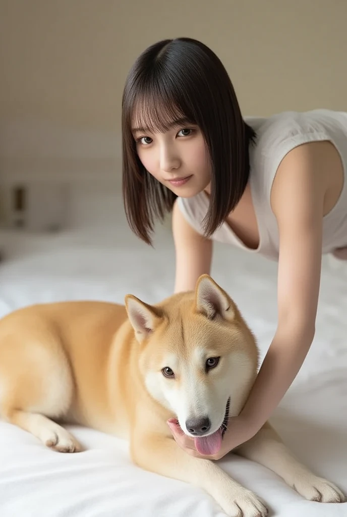 8K、Top image quality、masterpiece、An 18-year-old woman、Sleeping in bed side by side with a dog、(Labrador in dogs、The dog licks her face:1.2)、Express happy time with dog with poses and facial expressions、fullnude、Cinematic lighting