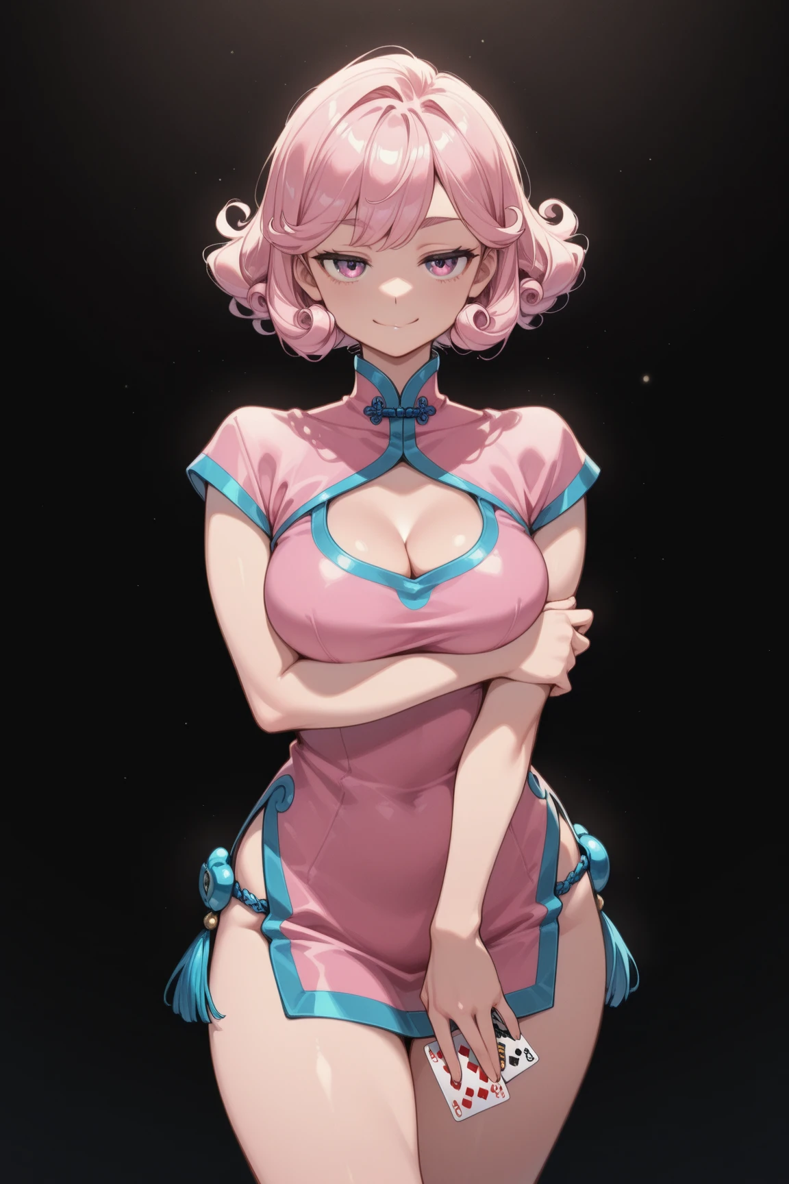 sadamori, hair bow, twintails, long hair, 1girl, solo, pink (microdress), (golden), (bodycon), fur, cleavage, navel, jentle smile, (face focus), (o-ring:1.2), jewelry, necklace, waist cutout, belt, fishnet thighhighs, highheels, looking at viewer BREAK masterpiece, best quality, glowing skin, mature figure, voluptuous body, shiny skin, mature women, (small breasts), from the front, (chromatic aberration, intricate details), dynamic angle, 40K, HDR, highres,