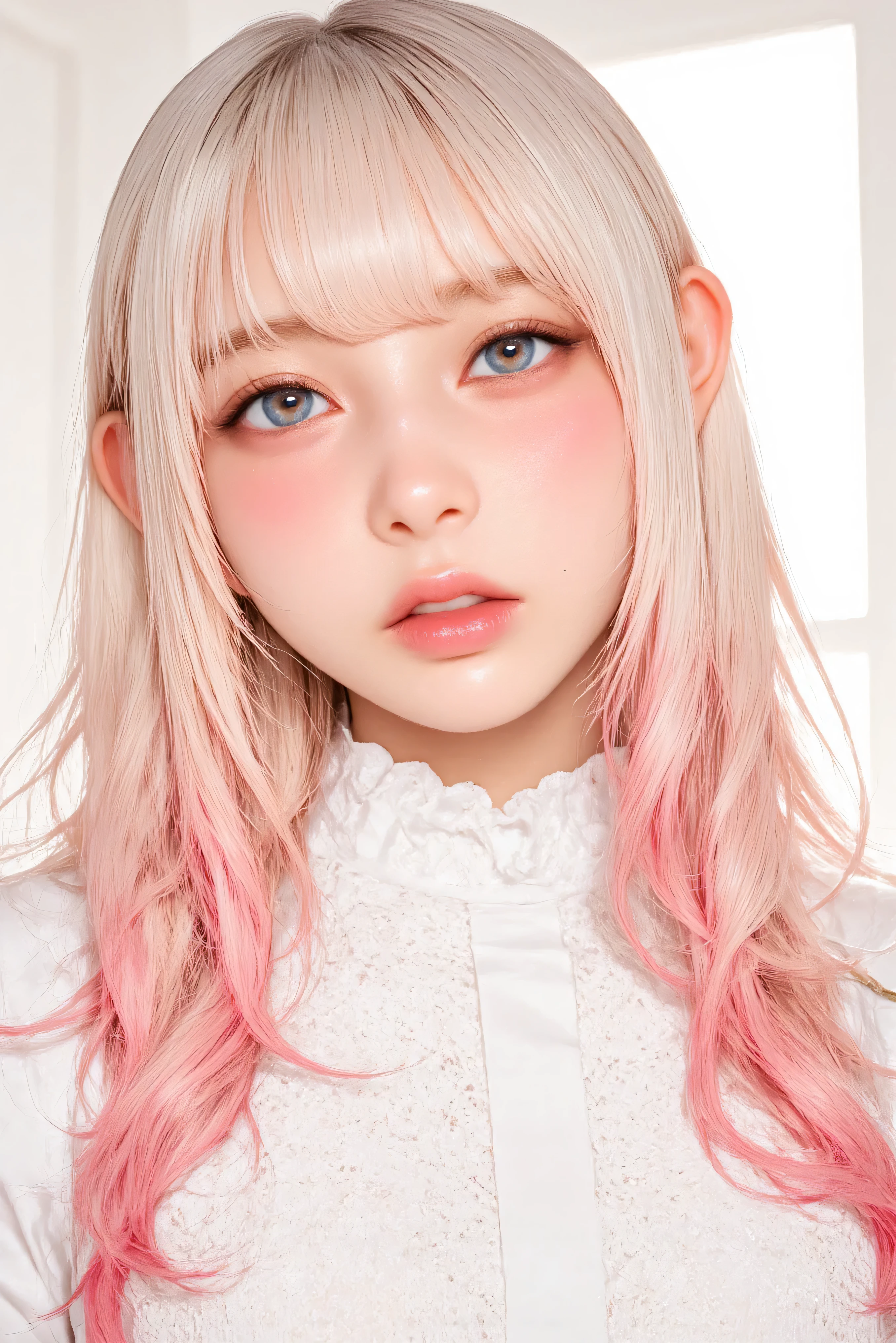 a close up of a doll with pink hair and a cat's face, very beautiful fluffy kitten, attractive cat girl, Beautiful Delfina, Sakimichan, with pink hair, blonde hair with pink highlights, beautiful young kitten, cute anime cat girl, light pink hair with pink flames, wig, very beautiful anime cat, fairy core, pink straight hair