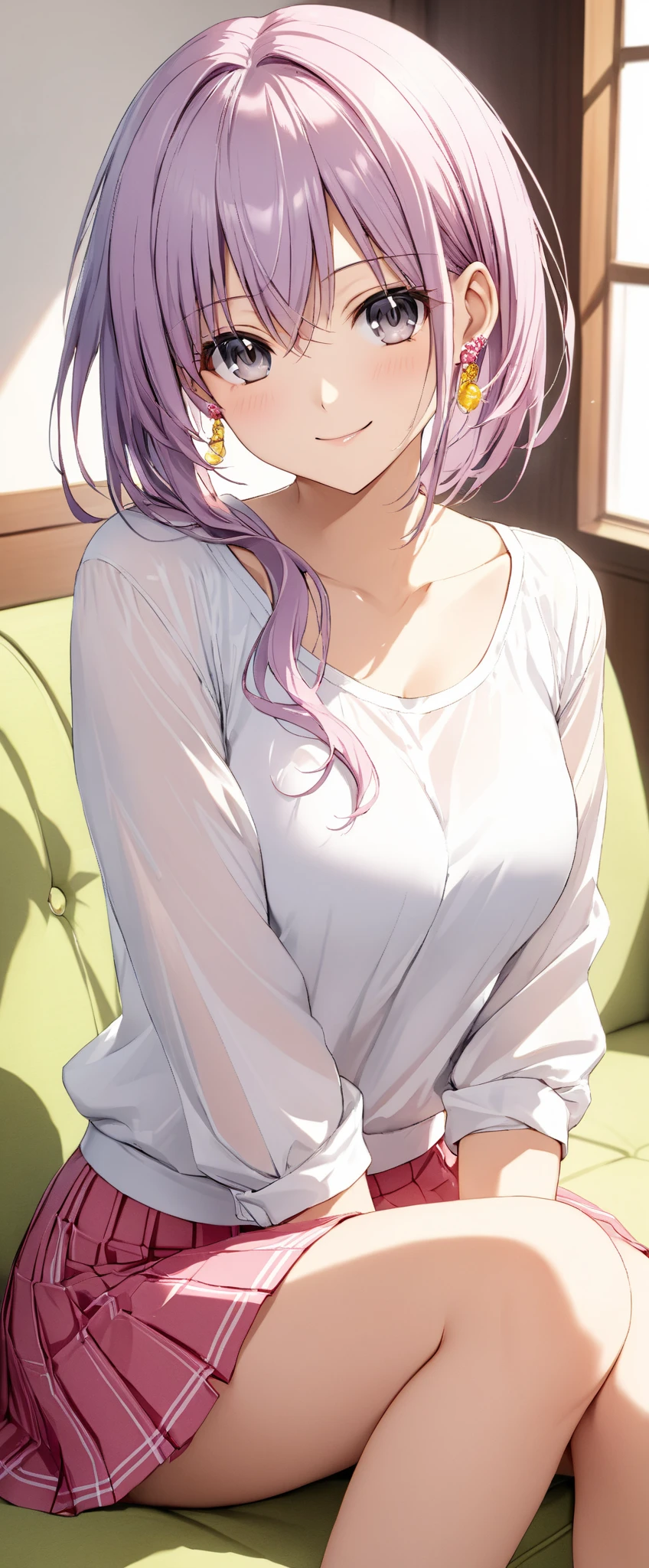 (higher resolution, distinct_image) The best quality, a woman, masterpiece, highly detailed, semi realistic, 21 years old, beautiful, young, handsome, t-shirt, lilac shirt pulled, collar on neck, interior, modern room, window, wake up, morning, blush, smiling