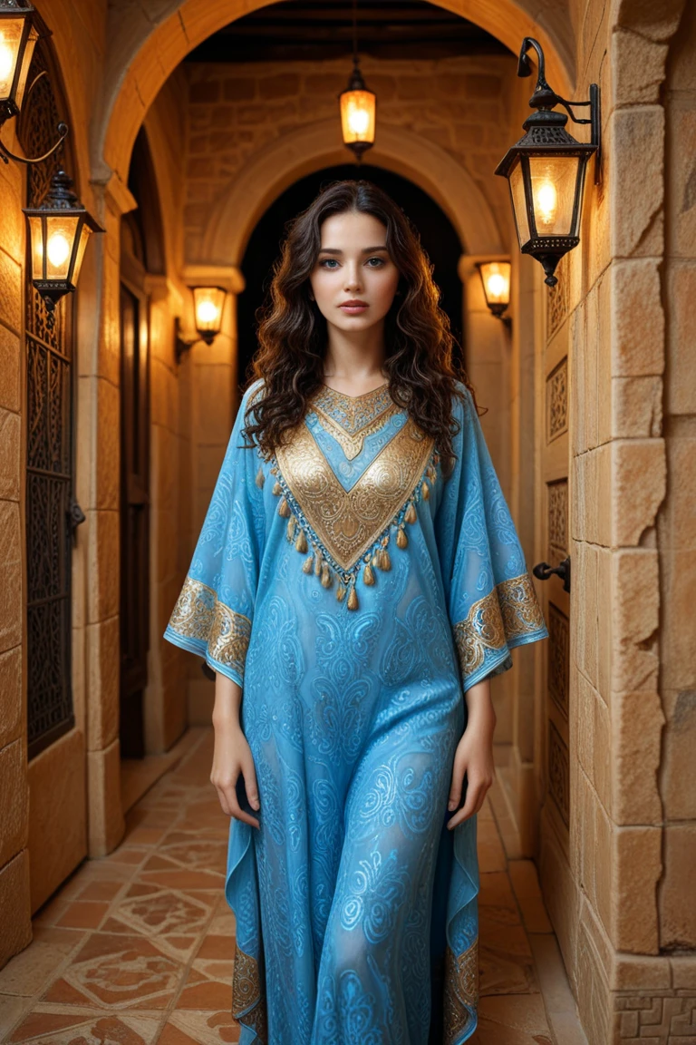 Instagram-Models posieren in Fes, in kaftan, full entire body, beautiful detailed eyes, beautifully detailed lips, extremely detailed eyes and face, kurzes, welliges rosa Haar ((best qulaity)), ((Meisterwerk)), (detailliert), perfektes Gesicht, full entire body