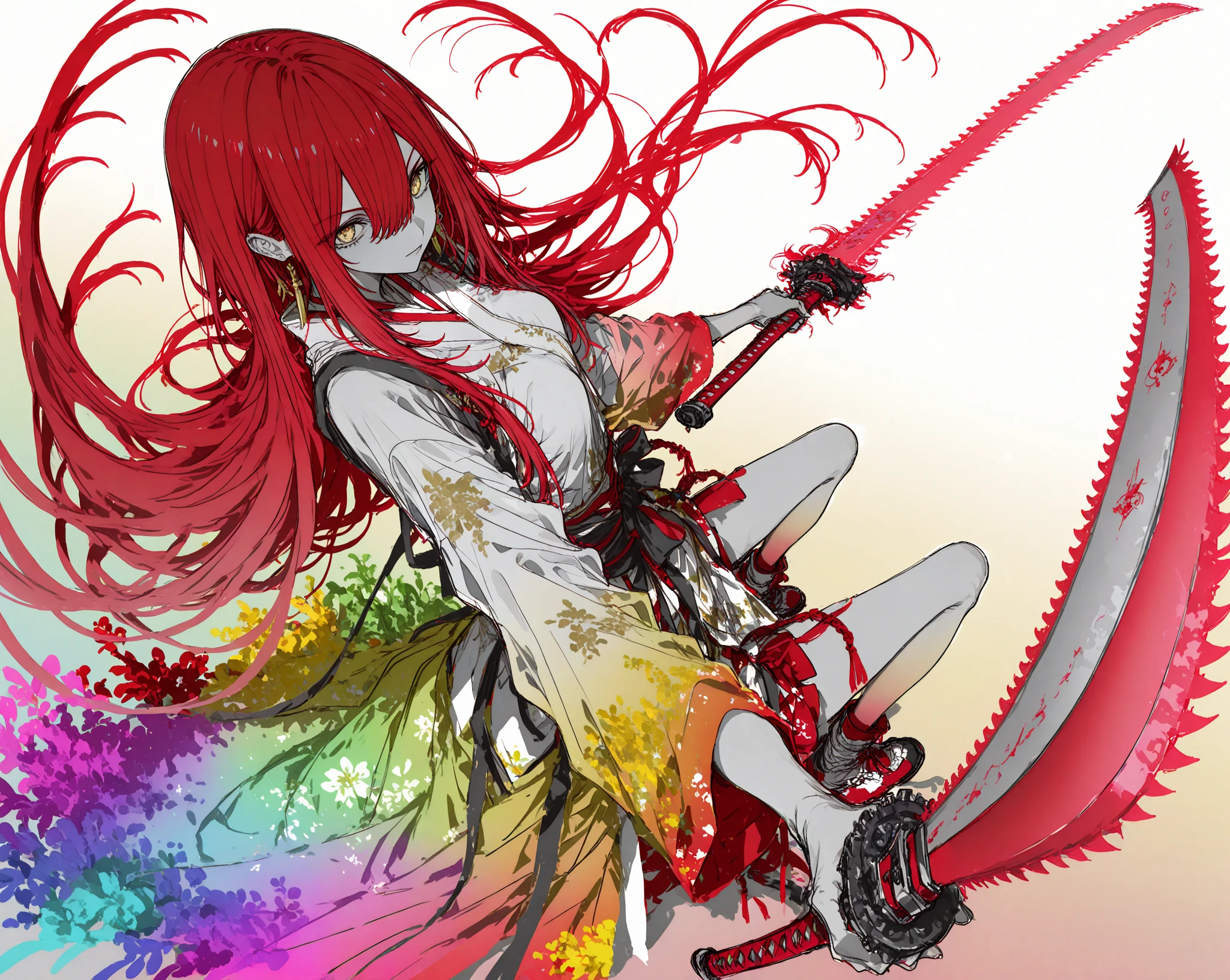 1girl、(((devilの羽:devil:Two horns))),Long Hair,10 years old、,(((fullbody)))、Nipples、sakura,(((Sword in left hand)))、独奏、Sharp Claws、Sharp Fangs、Naughty figure、Red ribbon、Sexy clothes