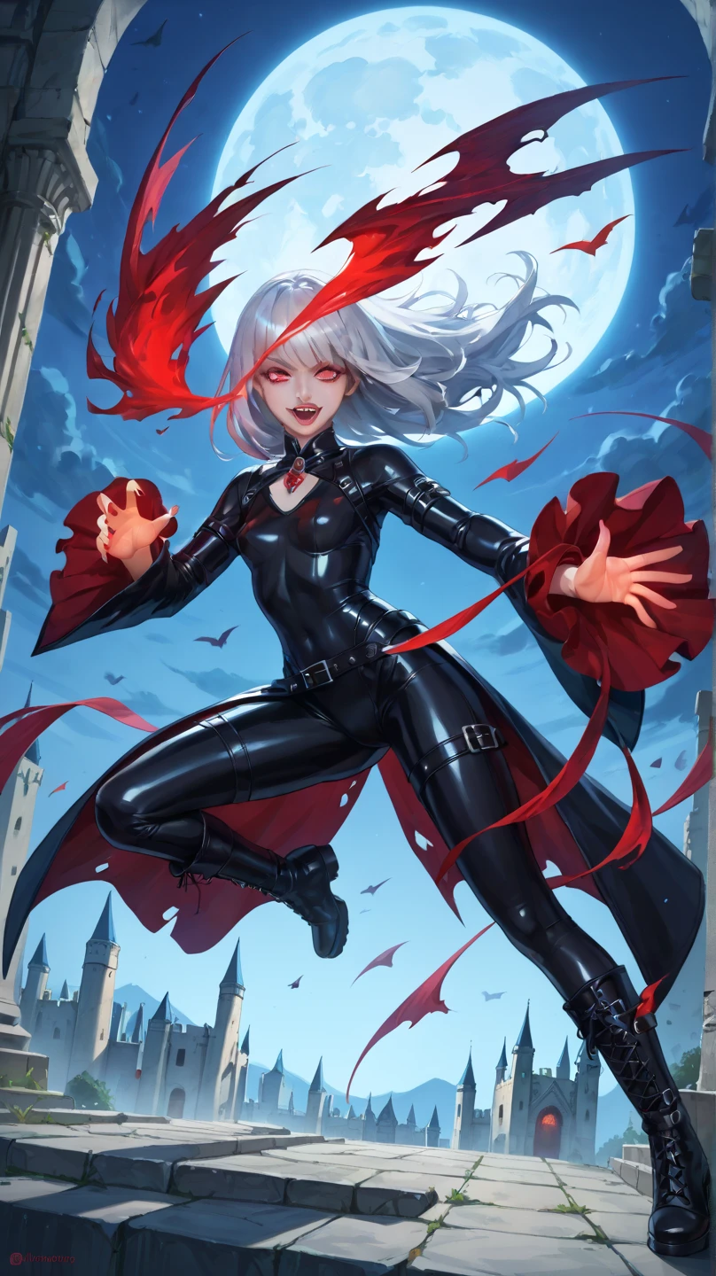 Dark joker woman, sorting sharp teeth, red eyes black clothing, white hair