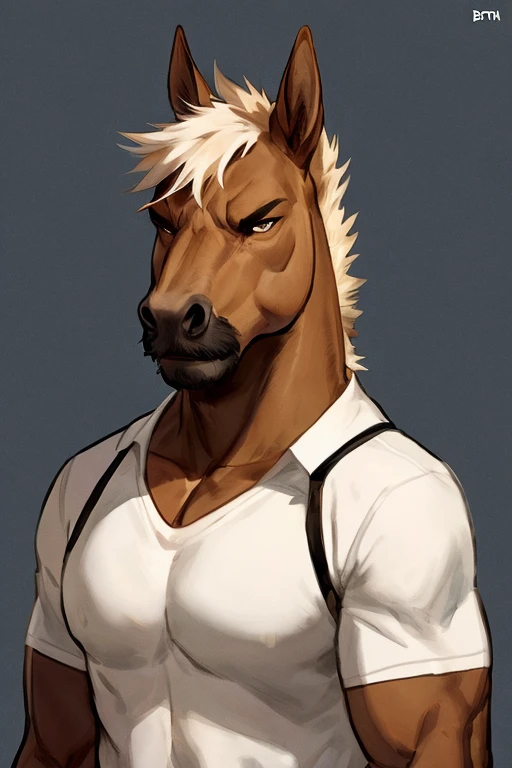 Solo, Furry, Anthro, Donkey, Male, E621, Standing, Muscular, Hands behind back, Wearing ?????????, Giant ????? marking in ?????????, Plain background, Front view, By bebebebebe
