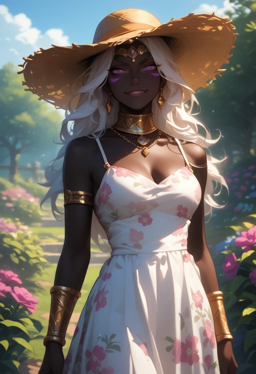  (((queentyr, colored skin, black skin, purple eyes, angry, white hair, long hair, circlet, neck ring, bracer, facial mark, (queen tyr'ahnee, black_skin, white_hair, purple_eyes), smug))),  ((smug , sun dress, printed dress, pleated dress, straw hat, garden, flowers, neckline, spring, cleavage , standing ))