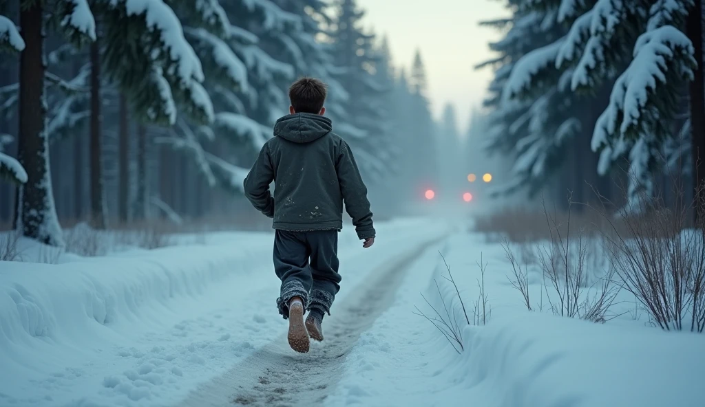 An expressionless boy walking alone。The background is a little dark、It expresses the loneliness he feels inside.。He was walking on the snow on his way home from school.、He has his hands in his pockets and his head down。There was a listless look in his eyes.、There is an atmosphere of isolation from the surrounding world.。