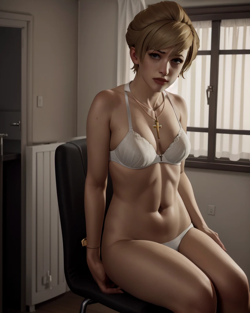 (highres, best quality:1.3), kat3LIS, dark blonde hair, hair bun, hazel eyes, 1girl, cross necklace, raining, bra, wet clothing, wet skin, front view, smiling, (sitting on parapet:1.1), rooftop, tall red brick building, private school, oregon, nude body, skinny body, small breasts, skinny legs, tiny hips, panties, upskirt view, looking down, spread legs,