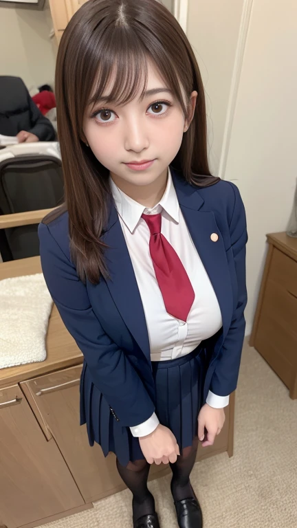 One Woman、((Standing wearing a blazer and miniskirt school uniform))、Primary school students,((small breasts)),Highest quality、Very delicate and beautiful、((Very short bangs))、((Bangs))、明るいつやのある茶色の髪のHighest quality、Very delicate and beautiful、((Very short bangs))、((blunt bangs))、Light shiny brown hair、The hair is light、((Short Bob))、Cute face、Young face、Cute like an idol、Are thin、Slim figure、slender、Short、 body type、((Background is an elementary school classroom))、Photographed from the front、bag、