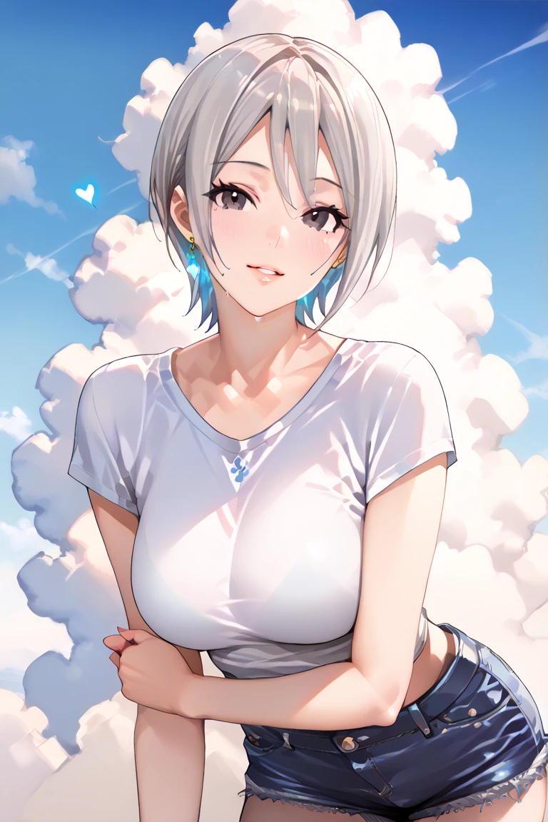 masterpiece, best quality, cute, petite, short hair, bob cut, silver hair, blue eyes, denim, shirt, large breasts, halo, arms behind back, angel wings, wind, looking at viewer, lens flare,