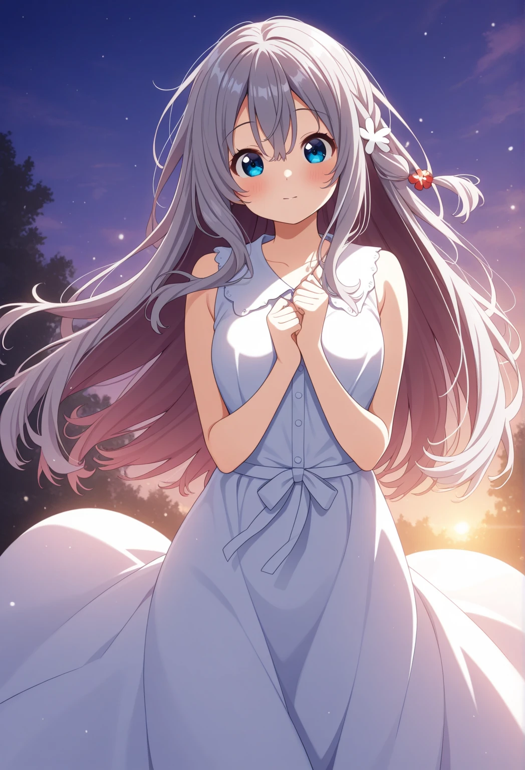 (Highest quality), (High resolution),natunoowarimio,hair between eyes,long hair,hair ornament,dress, sleeveless,long skirt,