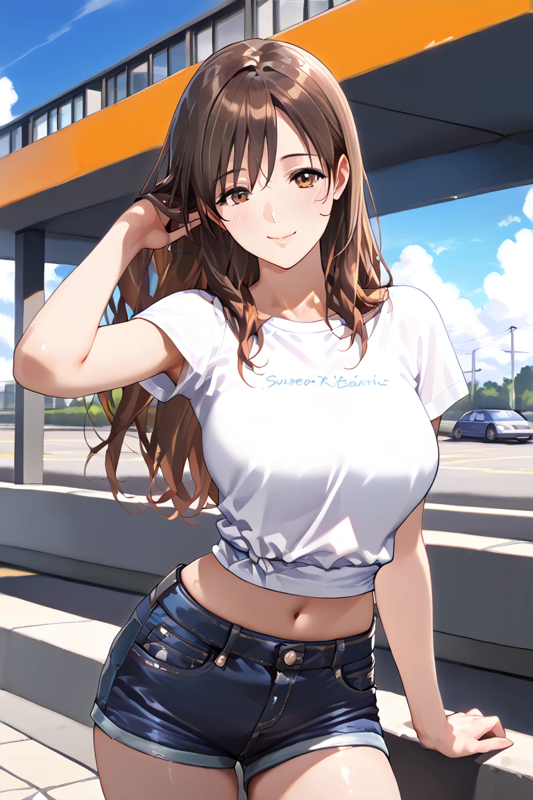 A Cute Girl, Lush Long Brown Hair, Beautiful Blue Eyes, Wide Hips, (Large Breasts), Brown Leather Jacket, White Shirt, Blue Jeans, at the city park, (Rough Jeans),