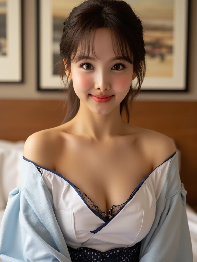 Close-up of a woman wearing a robe taking a photo,(((Bedroom))),(((Sexy pose:1.3))),(((clothes on hangers:1.3))),(((Red underwear:1.3))),(((Skin-revealing robes))),(Cleavage:1.3),(Wearing a simple grey robe:1.3),Cute Face,(Shiny silver hair,Floral knit headband,Half Up、Floral braided space buns,Voluminous fishtail braid,Twisted pan,),(The bangs are see-through),hairpin,hair ornaments,Blushing、Pointed red mouth、Perfect round face,iris,(Perfect body curves),Big Breasts.Wet Hair、Wet clothes、Wet Skin、Professional Lighting,Cinematic Light,(Tabletop,highest quality,Ultra-high resolution output images,) ,(8K quality,),(Picture Mode Ultra HD,)