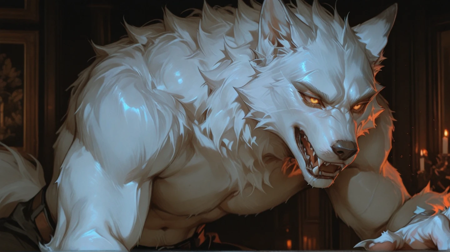 there is only a white wolf barking to the huge moon, his eyes are red, chain on his neck,