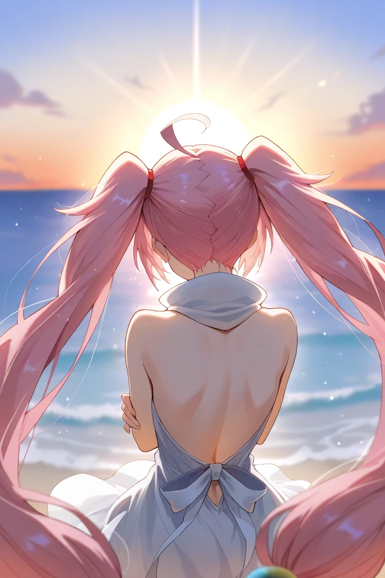 Pink Hair Short ponytail Red Eyes beautiful girl profile blue sea White sand beach Light of the sun smile