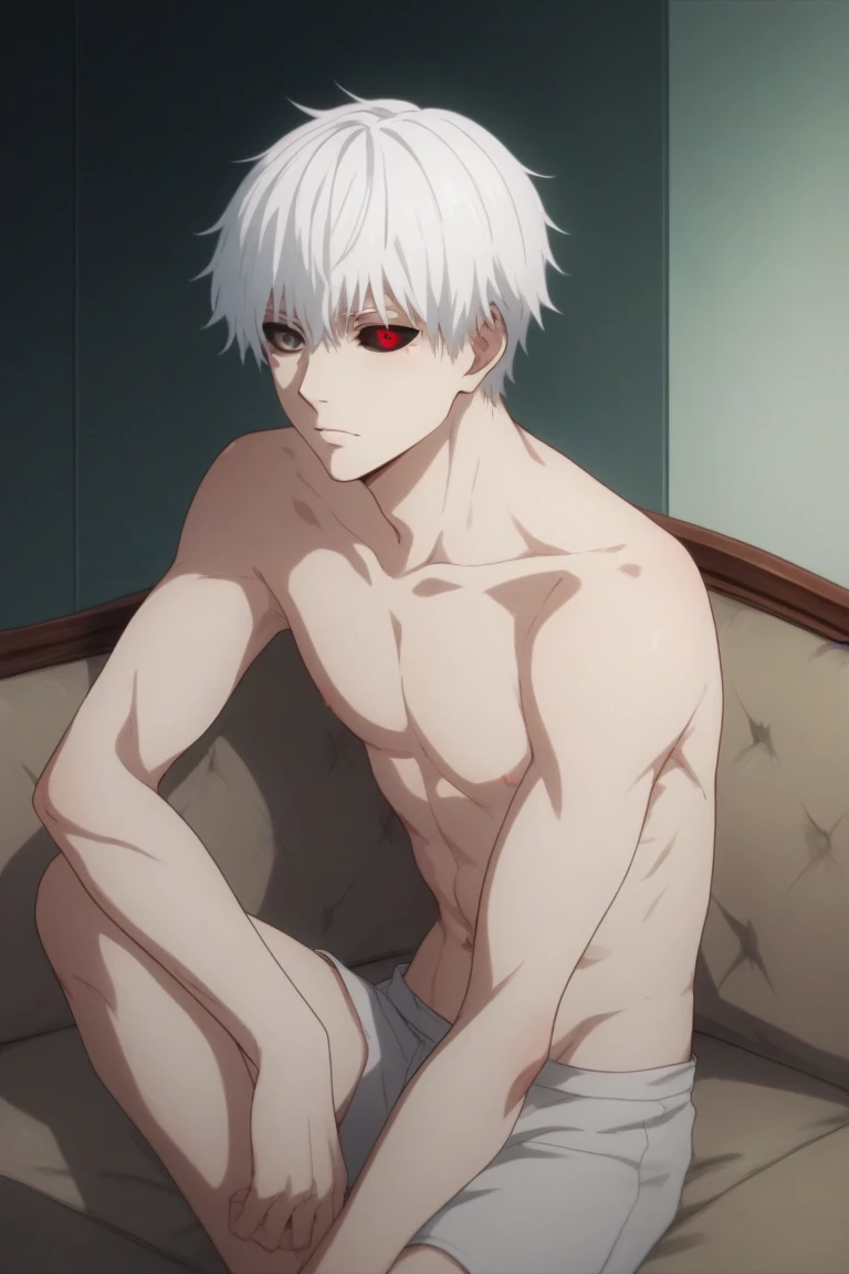 absurdres, highres, ultra detailed, HDR, master piece, best quality, perfect eyes, defined appearance, Dabi, white hair spiked around his head, hair between the eyes, expressive turquoise eyes, boku no hero academia, solo, sexy man, handsome, toned chest, purple burn marks on his face and body, horny, sensual, erotic, black boxers, red couch, sitting, room