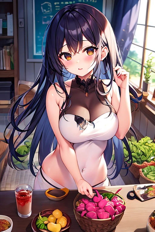 aqua hair, blunt bangs, hairclip, x hair ornament, very long hair, purple eyes .(nude, naked, 1girl, solo, ,large breasts , solo) ,,, nipple ,, (wearing nothing:1.5), empty eyes , ,, , , hospital, ,blue sky, cooking, sea space