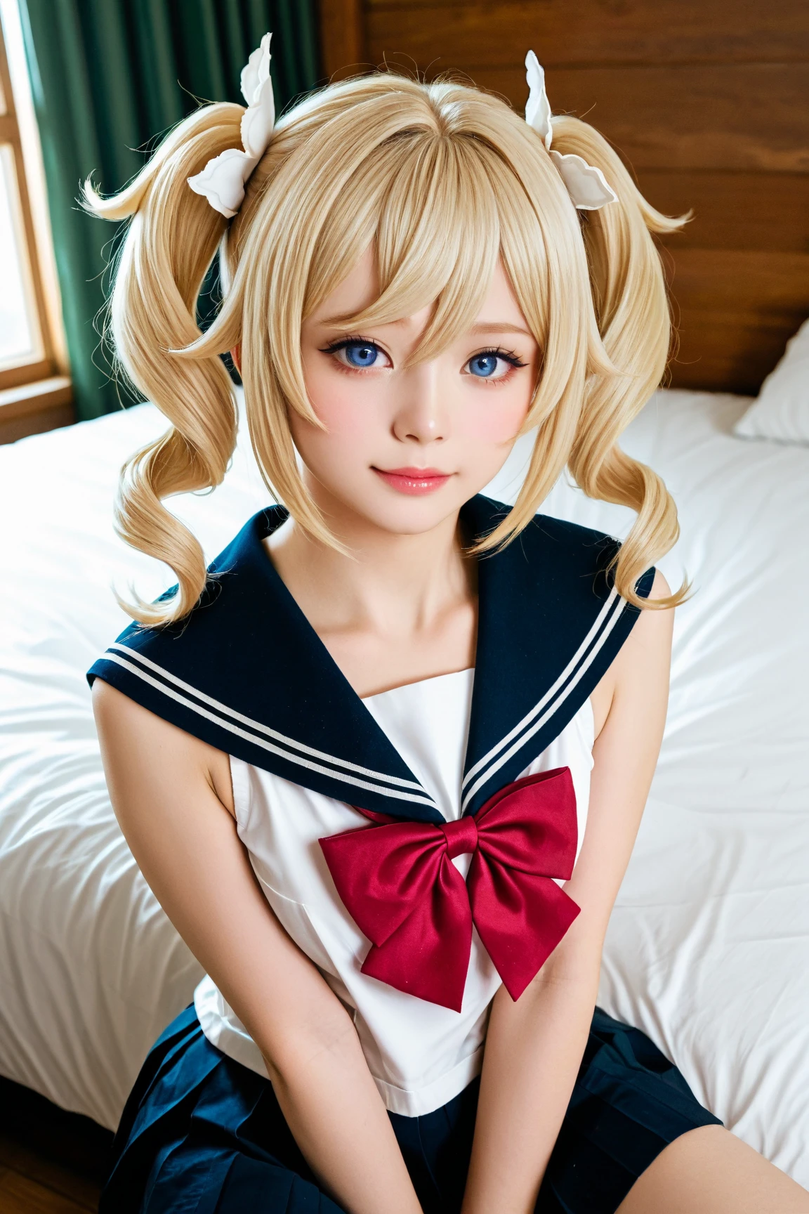 1girl irish,
ahoge,
bangs,
bare_shoulders,
belt,
blonde_hair,
ribbon_red,
blue_eyes,
blush,
breasts,
long_hair,
red_ribbon,
medium_breasts,
shorts,
solo,
twintails.
very_long_hair,
striped_stockings,
stockings,
rating:safe,