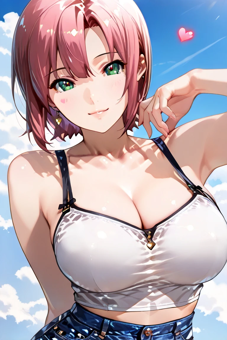 (Masterpiece, Best Quality, High Quality),volumetric lighting, illustration, beautiful, tight , Blushing, looking at viewer, blue micro bikini, deeply blushing,solo,confident, seductive, (embarrassed:1.1), perfect lighting, perfect shadows, flower, (breathtaking scenery:1.1), tennouji rina,pink hair , yellow eyes,in sky, white clouds, short hair ,sweaty,sweat drops ,wing, smile 