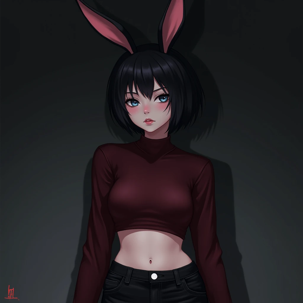 anime girl in a flag dress, anime tube dress, flat chest, in an anime style, ecchi anime style, an anime girl, shy, slim legs, slim thighs, very short hair, black hair, white thighhighs, ((zettai ryouiki)), purple eyes