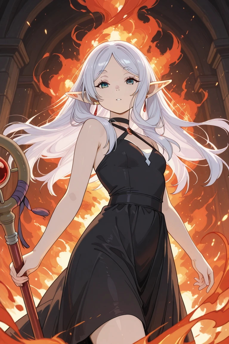1 magician woman, very pale skin color, expressive black eyes, elf ear, white hair, dressed with a red drape, using his fire magic , full length portrait , mystical dungeon interior atmosphere in background, detail richness, masterpiece, best quality