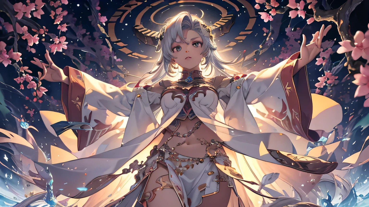 Fantasy anime girl with long silver hair and shiny blue eyes, dressed in a heavenly robe adorned with stars, ((standing in a mystical portal with floating runes, with open arms in a welcoming gesture)), a soft golden light illuminating her face, five shiny orbs around that represent kingdoms (Fire, Water, nature, Shadow and ethereal) floating around you, Intricate details, ethereal background with cherry blossoms and northern lights.