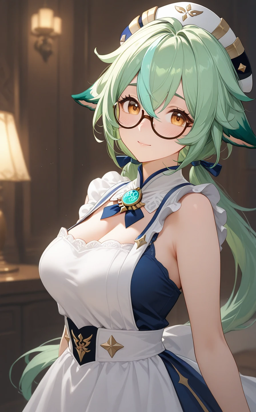 (masterpiece), best quality, expressive eyes, perfect face,(((1 girl))),((white and dark blue intricate ballgown:1.5)),(huge breasts:1.5),(hair flower),animal ears,glasses,semi rimmed,bedroom,hand on own chest,heel boots,multicolored hair,green hair,cleavage,looking at viewer,smiles, eyeshadows, eye liner,glistening eyes, hyper detailed eyes, intricate eyes, beautiful eye, ((glowing orange pupils))、smilling face,standing,seductive pose,garterbelt,castle,cowboy shot