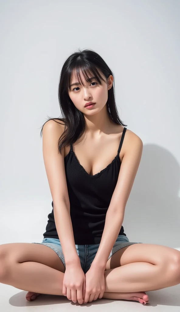 Realistic, Realistic details, detailed, One girl, thin, beautiful, Dynamic pose, detailed skin complexion, Casual clothing, Tight jeans, Yoga Tank Top, T-Shirts, thin太もも, Thigh Gap, Portraiture, Depth of written boundary, Blurred Background, Sharp focus, F1.8/35mm, perspective, Light and shadow contrast, The rule of thirds, Depth and Dimension,