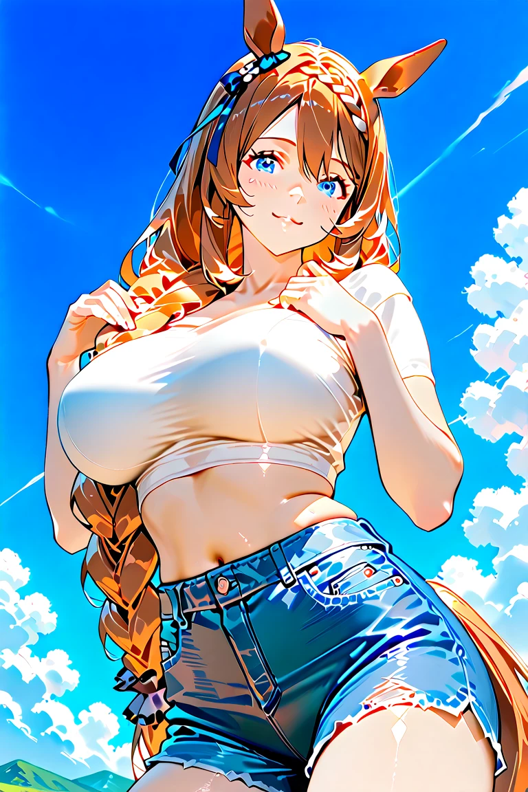 (8K、Highest quality、Highest quality、masterpiece)、Detailed face、One Girl、(Brown Skin:1.2)、Long Hair、Red Eyes、Serious、(Red Tank Top、Denim hot shorts、Open Shorts、Unziped shorts、Mini jeans Shorts、No Panties、NoPanties、Spread pussy、heart cutout)、labia view、Beach、cloud、vagina、Pussy Lip、Wedgie between Pussy Lips、Big Breasts