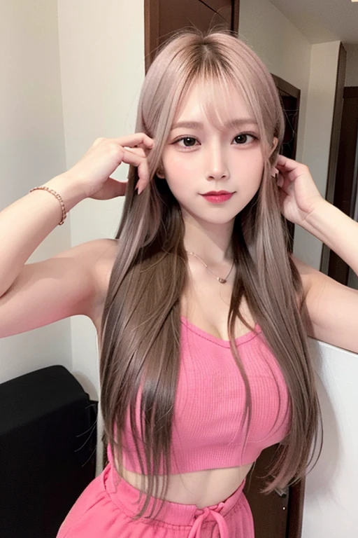 8K RAW Photos, Cool Korean 18 year old, Big round breasts, Cleavage,(The nipples are clearly visible:1.5)、 Beautiful Abs, (A thin, tight-fitting white T-shirt:1.5), (No bra:1.5),skirt, Beautiful eyes in every detail, eyelash, Beautiful double eyelids, eye shadow, Long, narrow eyes, Three white eyes, Perfect Eye Makeup, Wicked Smile, Beautiful slim legs, Light blonde hair, Various Hair Styles, Earrings,