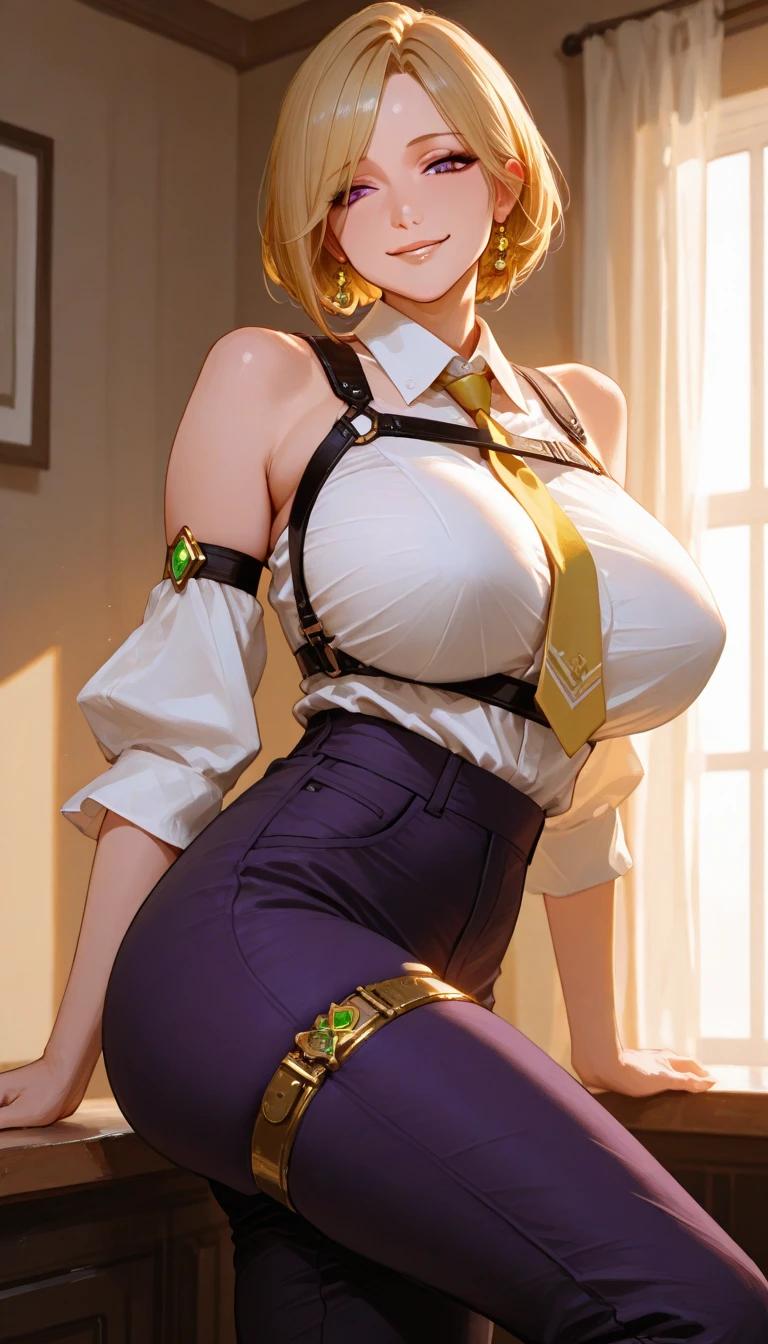 masterpiece, high quality, detailed eyes,
1girl, nikkebrid, low ponytail, hair over one eye, (woman:1.2), gigantic breast, (voloptuous:1.0), (thick ass:1.0), (tall, leggy:1.0), glistened skin, oiled skin, shiny skin, smile, (muscular:0.7), (pubic tattoo:1.0),
solo, looking at viewer, cowboy shot, indoors, office, night, (contrapposto:1.0), standing, garrison cap, (sleeveless shirt), (pelvic curtain, loincloth:1.2), blue necktie, belt pouch, elbow gloves, high heel boots, necklace, navel, heart earing, choker, thigh strap, covered nipple, cameltoe, cleft of venus,