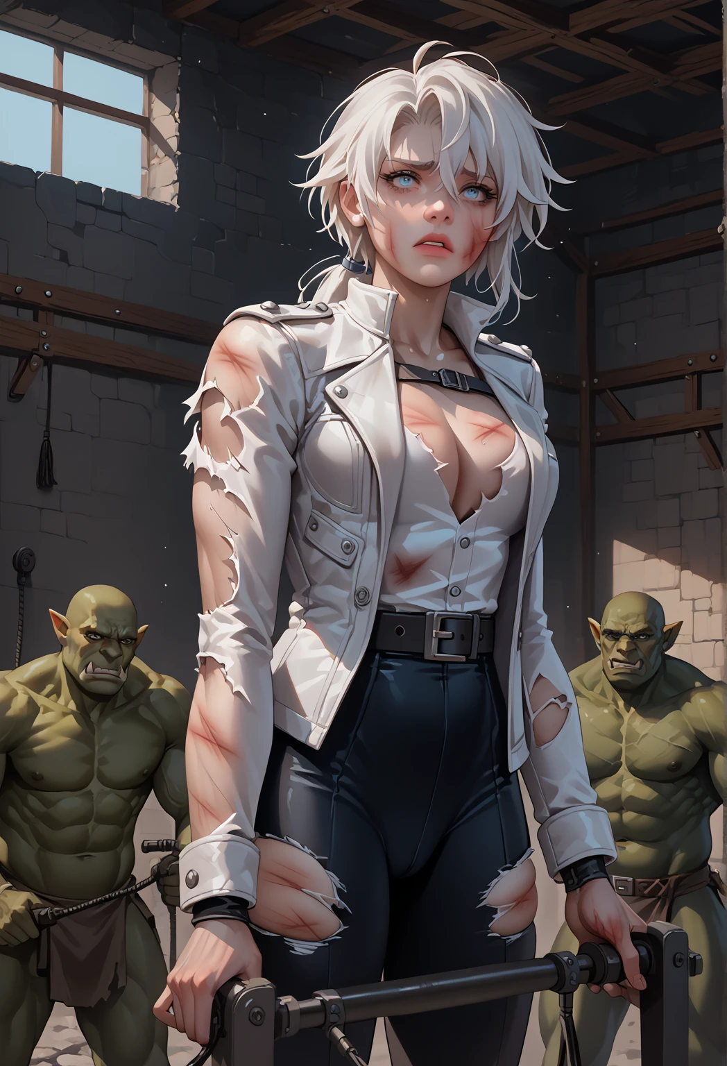 1girl,riven \(league of legends\), corset,short dress, white hair, black eyeshadow,brown eyes,short hair,fit,fit body,muscular,half closed eyes,(slight smile),superior expression,superior face,looking at viewer,ruins,destroyed town,(open mouth),(tongue out),(saliva:1.4),saliva drip,uvula,inner mouth,good teeth,(oral invitation,masterpiece,extremely detailed CG unity 8k wallpaper, best quality,32k,focus sharp, <lora:Riven-000016:1>, <lora:add_detail:1>, <lora:Light and Shadow:0.5>, <lora:Big_Mouths:0.5>
