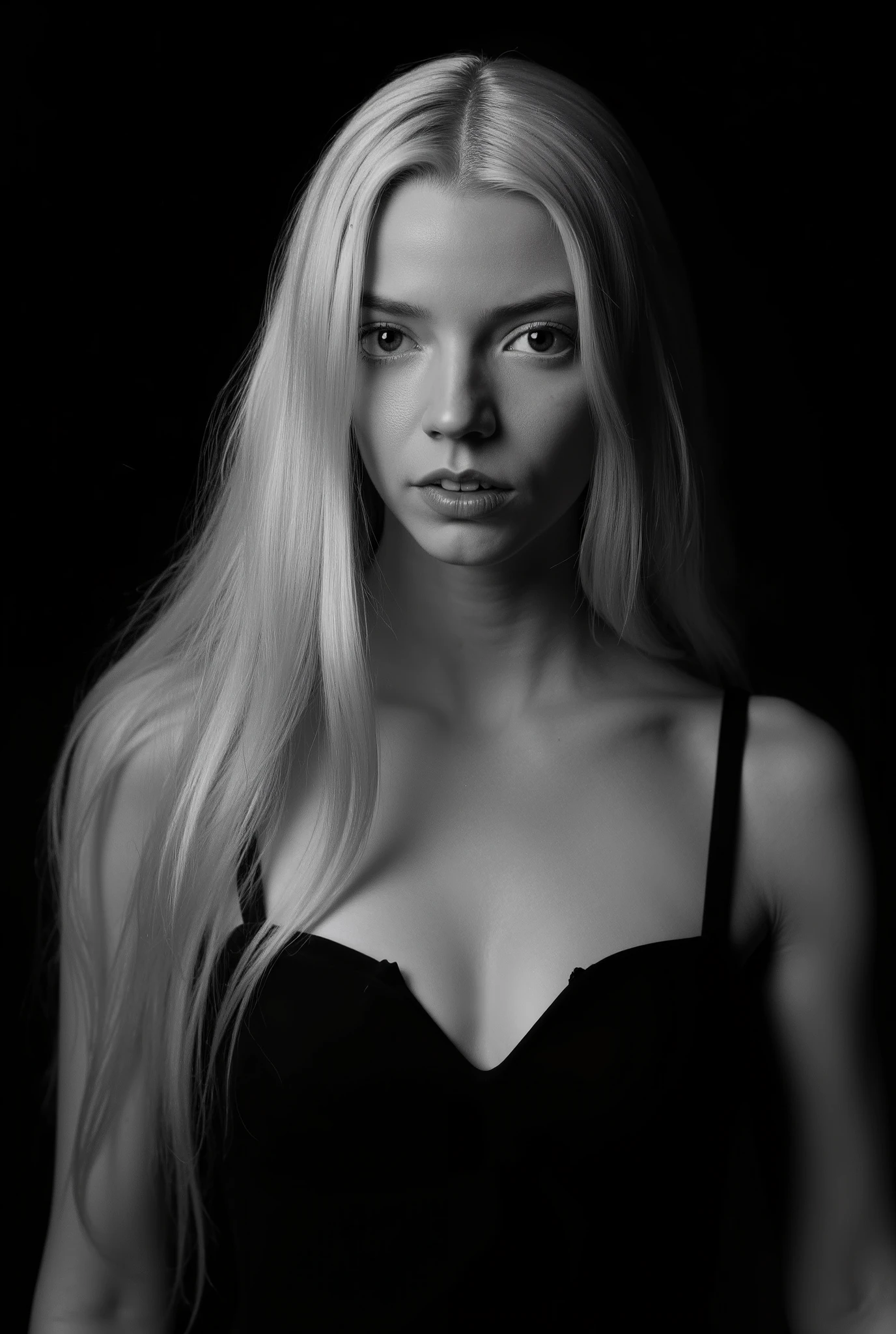 In a monochromatic setting, a girl showcases striking long, blonde hair that flows freely over their shoulders. The hair is characterized by its smooth texture and subtle layers, catching the light in gentle highlights that contrast against a shadowy backdrop. The choice of black attire blends seamlessly with the dim surroundings, enhancing the overall mystery and timelessness of the portrait. The composition focuses on the interplay between light and darkness, emphasizing the graceful lines of the hair and the serene calmness of the scene. Open shoulders and collarbones emphasize the femininity and seductiveness of the girl. She has a charming look and a sensual expression on her face. There are highlights in her dark eyes. close-up portrait, high quality, photorealism, masterpiece, professional photography, classic black-and-white photography, intricate details,