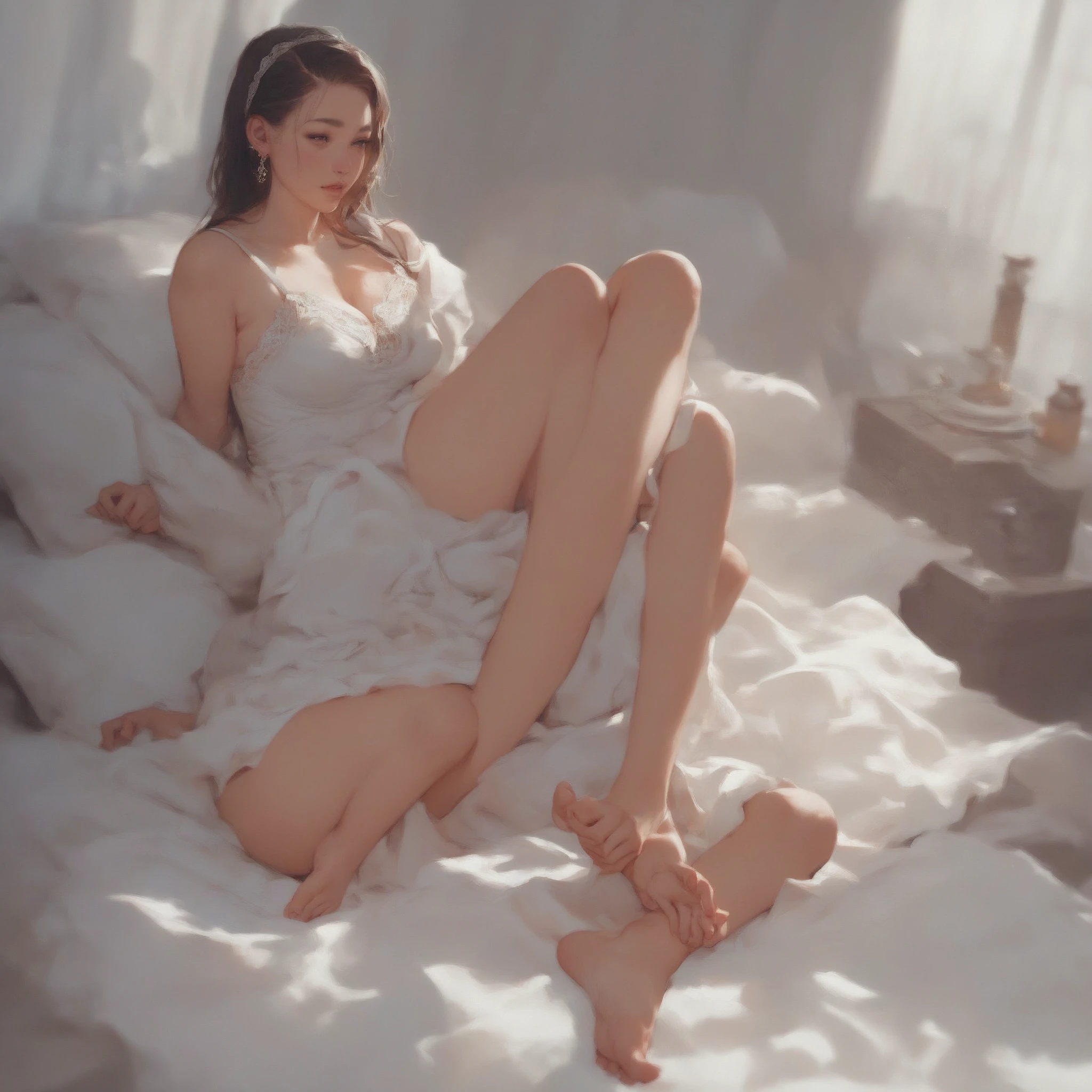 Dark style、Succubus、Devil's Daughter、Bat Wings,(((Demon Hornlack-rimmed round glasses))))、(((Colossal tits)))、(Devil's Tail),(Woman lying on bed)1 girl, Silver hair, striated hair, Bangs, Blunt bangs, Long hair, Pink hair, aqua eyes, longeyelashes, Purple eyes, makeup, Smile, Parted lips, Realism, Verism, surrealism, depth of fields, One-person viewpoint, retinas, masutepiece, ccurate, Anatomically correct, Textured skin,(Coarse short sweater)Floats off the shoulders、off shoulderlack tight skirt((Full Body Angle))、stick out buttocks)、(shapely breasts,)、((sexypose)))、(camel's toe), tongue、Vaginal orchids、Runny Vaginal Discharge、Blowing tide、Very beautiful breasts、Grasp your breasts with both hands、sexual excitement、 Expressions、shinny skin。realisitic、(Kpop Idol)、Medium Hair、(Pink blush)、(illuminating)、(solo)、dynamicposes、((erectile nipple))、(Puffy eyes:1.2)、 (Slim legs)、erotick