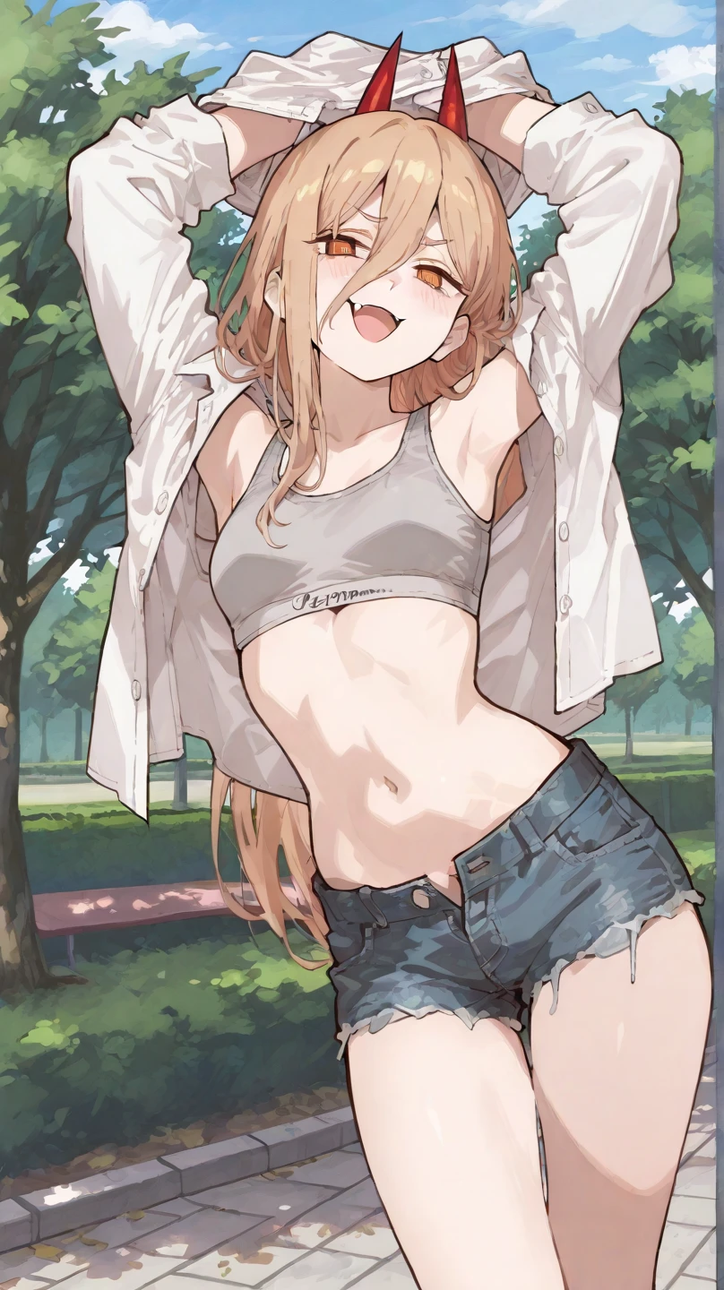 (masterpiece, best quality, detailed), 1girl, solo, looking at viewer, KemiiHS1, long hair, hat, peaked cap, brown eyes, blonde hair,
<lora:prisonerOutfitV2:0.8>, crop top, off shoulder, bare shoulders, shorts, striped clothes, <lora:school_yard_v0.1:1>, school yard, field, undressing, underwear, open clothes, clothes pull, surprised, wide-eyed, open mouth, embarrassed, nose blush, blush, underboob, groin, areola slip,