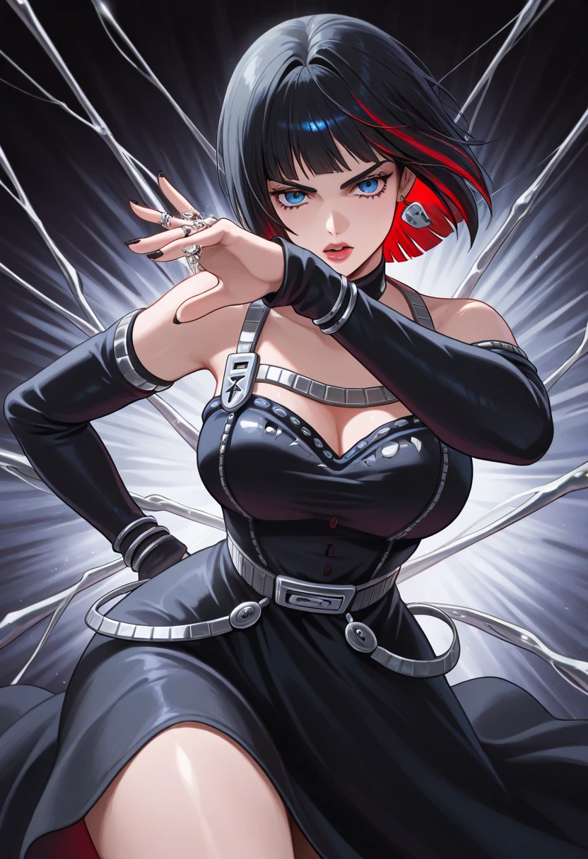 ((super high quality,))((Ultra-high resolution,))(16K,)(super masterpiece,)((Ultra HD ,))(Detailed shading,)A sexy mature woman,((popped Tight collar Red shirts,))Folded sleeves,Black long gloves,((Glossy black pants, ))Black long boots,Black hair straight short,Sharp Eyes,Cleavage,Place one hand on hip,Provocative smile,necklace with cross,