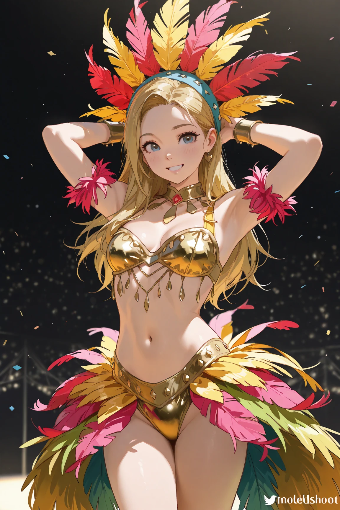 ((Highest quality)), ((masterpiece)), (detailed), (Perfect Face)、The woman is Reika Aoki, a Latin American with brown skin and medium-long blonde hair.、A woman is dancing samba passionately and attractively in a samba costume at the Rio Carnival