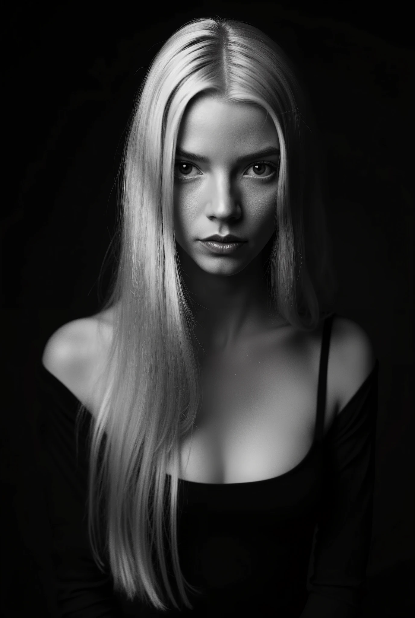 In a monochromatic setting, a girl showcases striking long, blonde hair that flows freely over their shoulders. The hair is characterized by its smooth texture and subtle layers, catching the light in gentle highlights that contrast against a shadowy backdrop. The choice of black attire blends seamlessly with the dim surroundings, enhancing the overall mystery and timelessness of the portrait. The composition focuses on the interplay between light and darkness, emphasizing the graceful lines of the hair and the serene calmness of the scene. Open shoulders and collarbones emphasize the femininity and seductiveness of the girl. She has a charming look and a sensual expression on her face. There are highlights in her dark eyes. close-up portrait, high quality, photorealism, masterpiece, professional photography, classic black-and-white photography, intricate details,