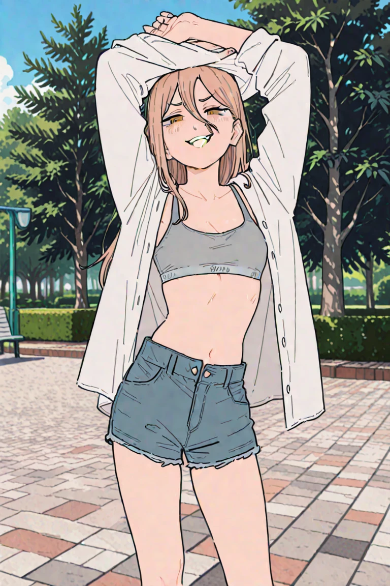 (masterpiece, best quality:1.2), 1girl, miserable, grin, looking down, forehead, cute, petite, flat_chest, hips, thin legs, dark orange_colored hair, hair intakes, golden eyes, BREAK, (torn clothes off-shoulder shirt, flower trim, bike shorts, glasses, barefoot), BREAK, from behind,eye focus, arms behind back, BREAK, building, shack