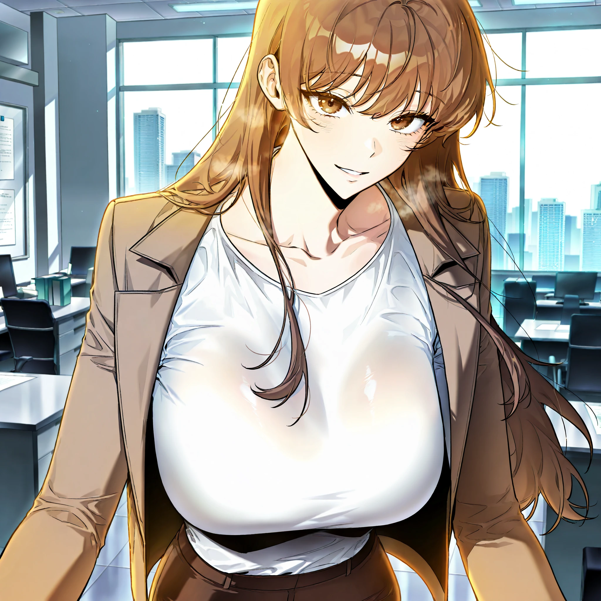 ((super high quality,Ultra-high resolution,16K,super masterpiece,Ultra HD ,Detailed shading,))Full body photo,A hill illuminated by the setting sun,One sexy mature woman,((popped Tight collar Pink shirts,SEXY cleavage,))Folded sleeves,Red pencil skirt,Brown medium long hair,Hair disheveled by the wind,smile,blush,Thick lips,Sweaty,A small amount of drooling,slouch,Put your hands between your legs,