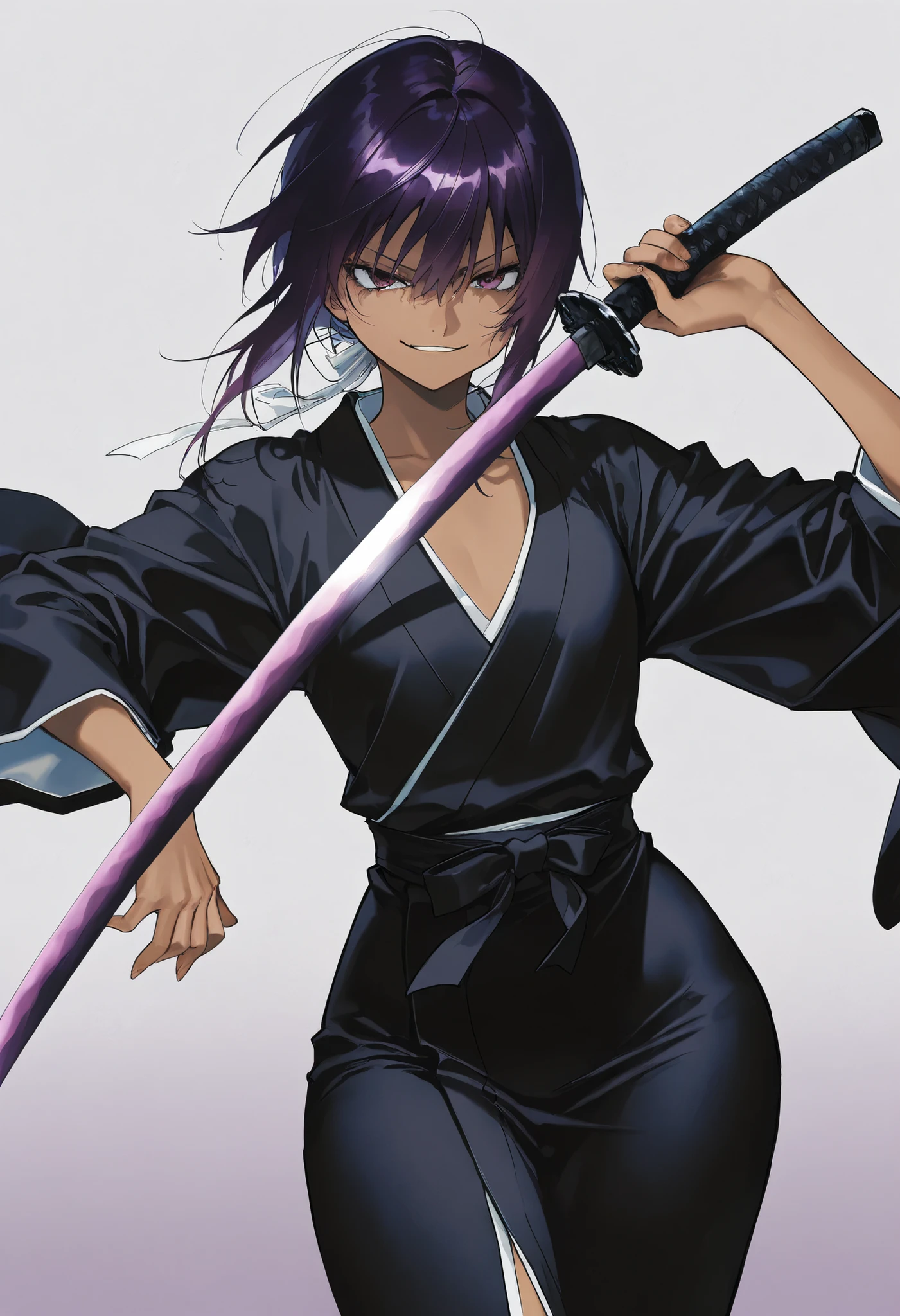 masterpiece, 1female, taller frame, dark purple hair, dark skin, wearing a black stylish kimono, holding a giang sword, purple curved sword, smirk, flat chest, wide hips, \(quality\), , score_9, score_8_up, score_7_up, source_manga, colored, Tite Kubo manga style, Tite Kubo art style,