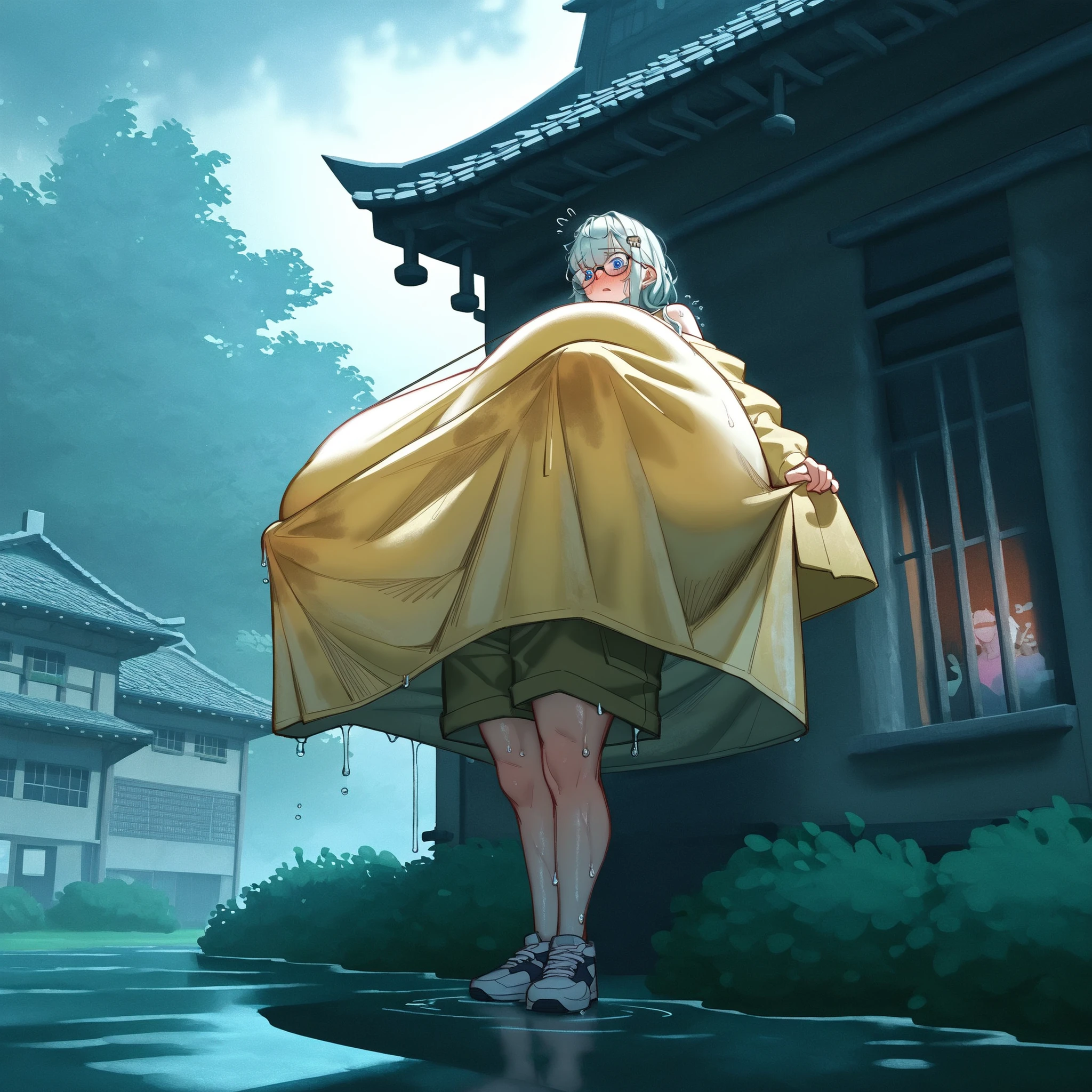 1girl, blue eyes, dark medium length hair, () (3/4 angle) (large black and white sneakers) , (popped navel) (outie bellybutton)(wearing kakhi shorts, light blue t shirt with a skull graphic on it, yellow raincoat, small circular glasses, large pink backpack over one shoulder), (immobile) (), (double chin) (college campus background, (college gothic architecture buildings covered in ivy in background, tall oak trees, decorative hedges), , (aquiline nose), eyes visible through hair, solo, (), (), best quality, masterpiece, (score_9), (score_8_up), (score_7_up), (embarassed emotions), perfect shadows , masterpiece, best quality, 8K, detailed, (specular thunderstorm lighting), (rain and thunderstorm), (wet hair) (wet t shirt) (top part of belly wet, shoulders wet, chest wet on top) (no bra) (breasts silhouette) , (gigantic breasts, sagging breasts) (breast bags), (massive breasts)