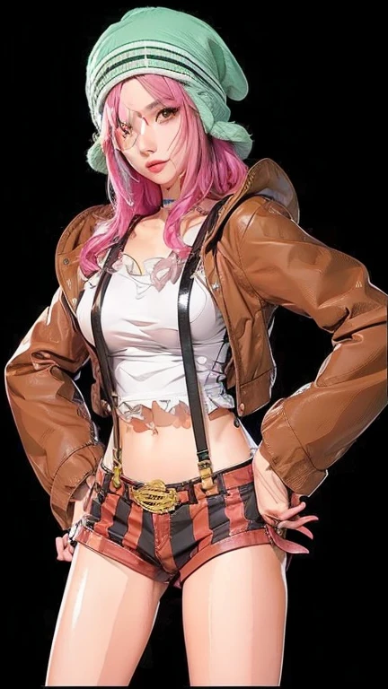 1girl, female eustass ??? in anime one piece, short hair , red hair, brown eyes, scars on eyes, beautiful,straw hat , black clothes ,fur jacket ,robotic hand city background, ultra detail, realistic