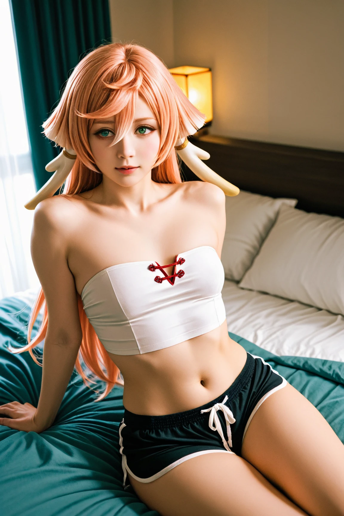 Pink-haired, fox-eared Yae Miko lifts up her skirt、She is showing off her ????????? between her thighs and the slit.。