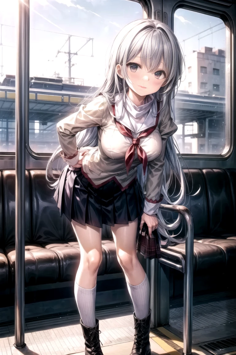 masterpiece, best quality, skirt, bag, jacket, socks, looking at viewer,plaid, blazer, brown hair, plaid skirt,(white socks:1.8),(thigh-high socks:1.8),long sleeves, bangs, open clothes, open jacket, bow, brown eyes, pleated skirt, bowtie, day, long hair, bush, red bow, kneehighs, shirt, sleeves past wrists, backpack,red bowtie,(beige jacket:1.8), school bag,(black skirt:1.8), blurry, collared shirt, miniskirt, white shirt, cardigan, grass, sweater, light smile, (Illustration:0.8), (beautiful detailed eyes:1.6),(Fully exposed panties:1.8),(1 girl standing:1.5),nsrf,grabbing another's ass,short stature,(orgasm:0.8), BREAK lotr of people,(crowded train:1.8),(rush hour train:1.8),(man with office suit:1.7),BREAK (turn up the skirt:1.7),(shirt lift:1.7),(bra lift:1.8), (nipples:1.2), (chikan:1.9),(vaginal sex:1.5), (frying hands:1.1), (fresher:1.5),( years ol.6),(curvy:1.5),(zettai ryouiki:1.8),(cute panties:1.8),(white panties:1.8),(pink panties:1.1),(white bra:1.8), (turn up the brassiere:1.7), (misaligned brassiere:1.5),breast slip,breasts out, BREAK breasta_on_glass,povbrestgrab,(panties shot:1.5),(up skirt:1.5), grabbing another's breast,close contact with men,cohesive,(train:1.7), (surprised),(nose blush),(open clothes:1.3),(disordered shirt:1.1),(undressing:1.5), BREAK (from below:1.8),(cowboy shot:1.9),(dynamic angle:1.8),looking down,(spread legs:1.5),(below shot:1.8),BREAK
