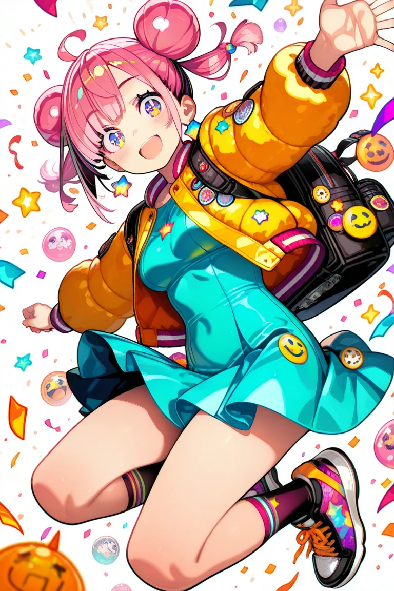 (super detailed), ridiculous resolution, simple background, (an extremely delicate beautiful girl), full body, (beautiful face), looking at viewer, 1 cute girl with (brown hair: 1.5) and bright light red eyes and (hairpin: 1.2) and (shoulder bag: 1.1), playful, tongue-sticking, youth, long hair, white T-shirt with cartoon pattern, stud earrings, purple mini skirt, (thigh straps), white socks, pink slippers, high, slim, clean and smooth lines, Official character illustration, (illustration), tachi-e, anime character illustration, (masterpiece), (best quality), 8k, white background, full body,