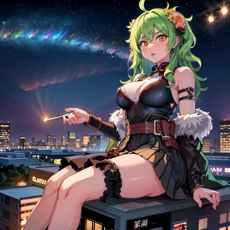 (Higher image quality),(tmasterpiece),(Detailed description of the eyes),(A detailed description of the face),1girll_Aromatic_konosuba,Yellow eyes,Light green hair,long whitr hair,High ponytail,hair adornments,Crop topping,Large breasts,naked leg,Leather boots,Blushlush,In town,Stand up,solo person
