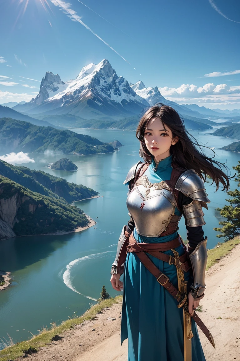 A beautiful and very cute sexy woman is wandering through a mysterious world where castles and rocky mountains float in the air., the girl is 30 years old, the girl is hot face,